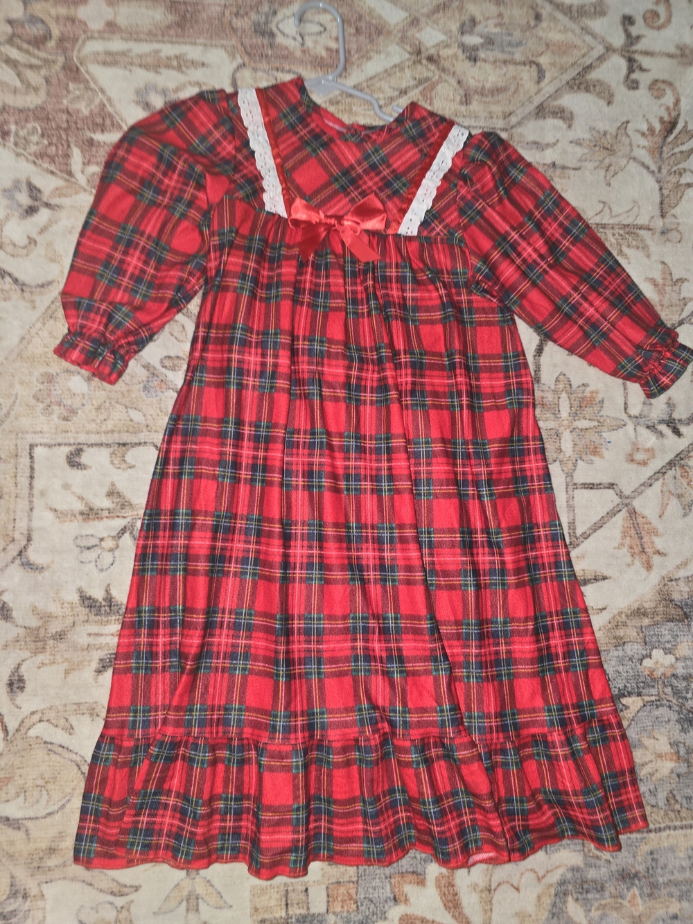 Girls' Red Plaid Long Nightgown with Lace Trim and Bow Accent